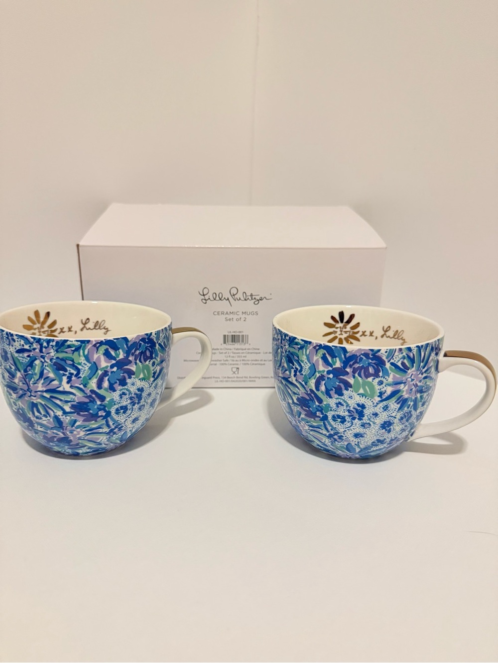 Lilly Pulitzer Blue Floral Ceramic Mug Set - Gold Accents
